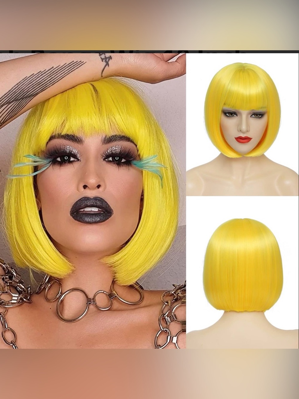 Women’s Yellow Bob Wig Short Straight Bangs Full Hair Wigs Cosplay Party Sexy